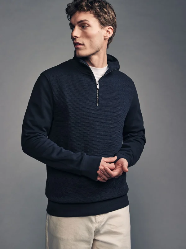 OCO2502352 Navy Blue Quarter Zip Textured Funnel Sweatshirt - Image 3